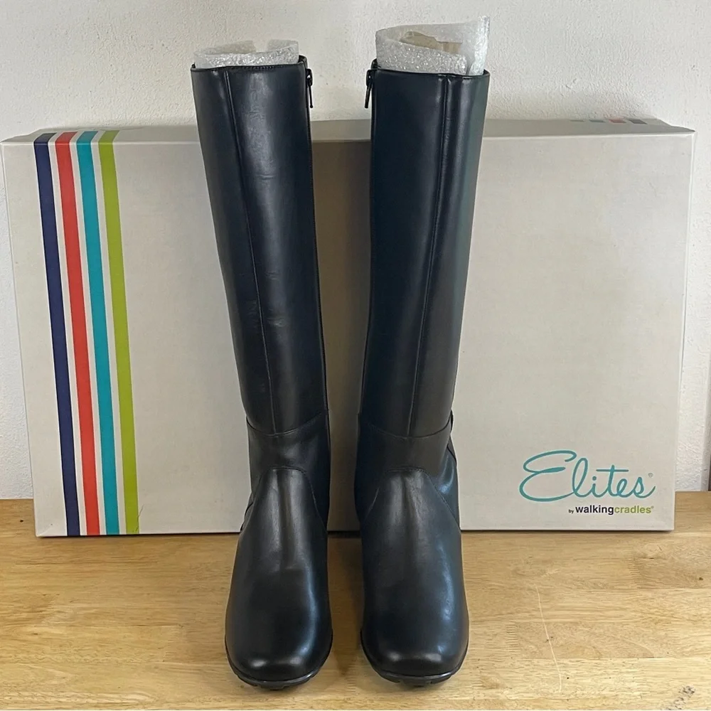 Elites Women's Walking Cradles Black Leather Knee-High Boots Size 7.5N (NWT)